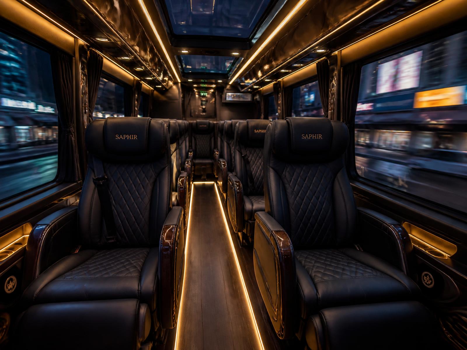 Luxury minibus interior with premium reclining seats